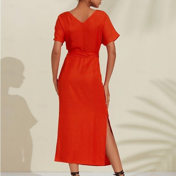 Ador Tencel Linen V Neck Shirred Wrap Midi Dress - size M - Picture 5 of 6